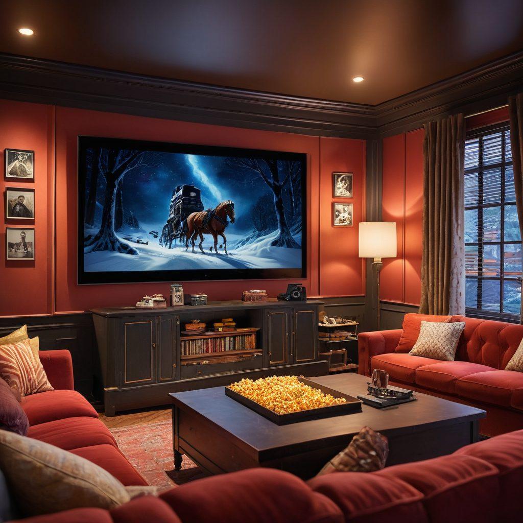 A cozy, dimly lit home theater setting with plush seating, a large screen displaying a classic film scene. Include popcorn and drinks on a side table, with film reels and posters of iconic movies on the walls. Capture a warm, inviting atmosphere that reflects a passion for cinema. super-realistic. vibrant colors. 3D.