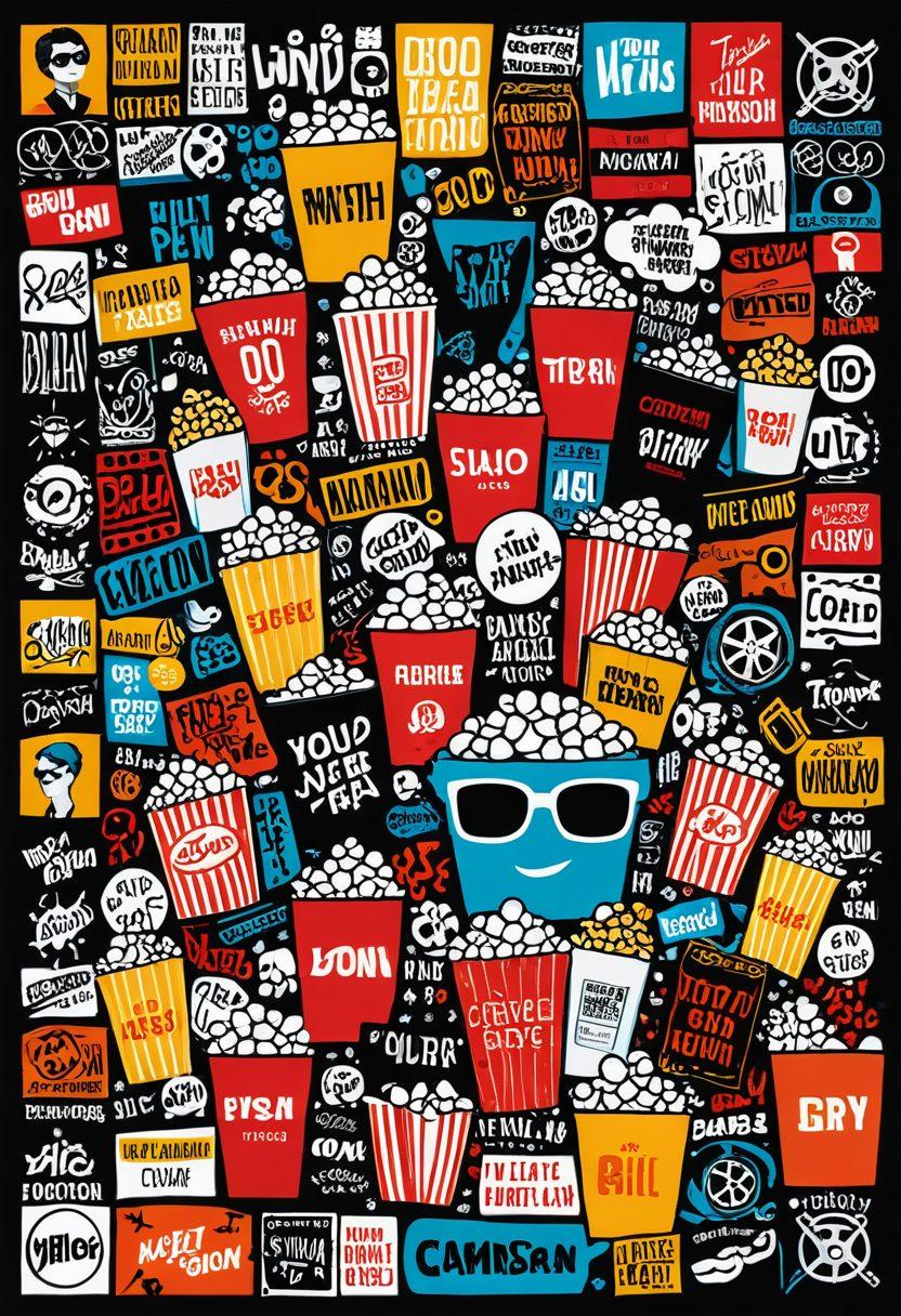 A cinematic collage featuring iconic film reels, vibrant movie posters, and a digital screen showcasing exclusive film trailers. Surround the scene with symbols of film genres like action, drama, and comedy, along with popcorn and 3D glasses. The overall ambiance should exude excitement and anticipation, inviting film lovers to explore new cinematic experiences. super-realistic. vibrant colors. dynamic composition.